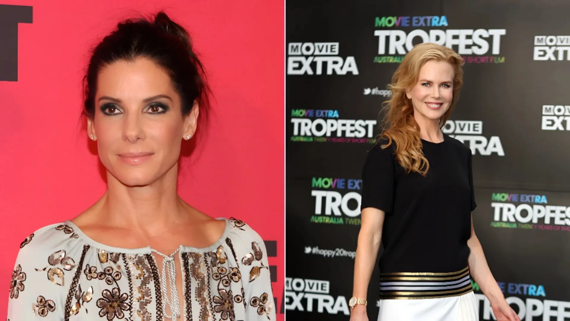 sandra-bullock-nicole-kidman-awards-tribute Composite of Sandra Bullock at the 2011 Oscars in a grey sequined top and Nicole Kidman at Tropfest 2012 in a black and white Gucci dress.